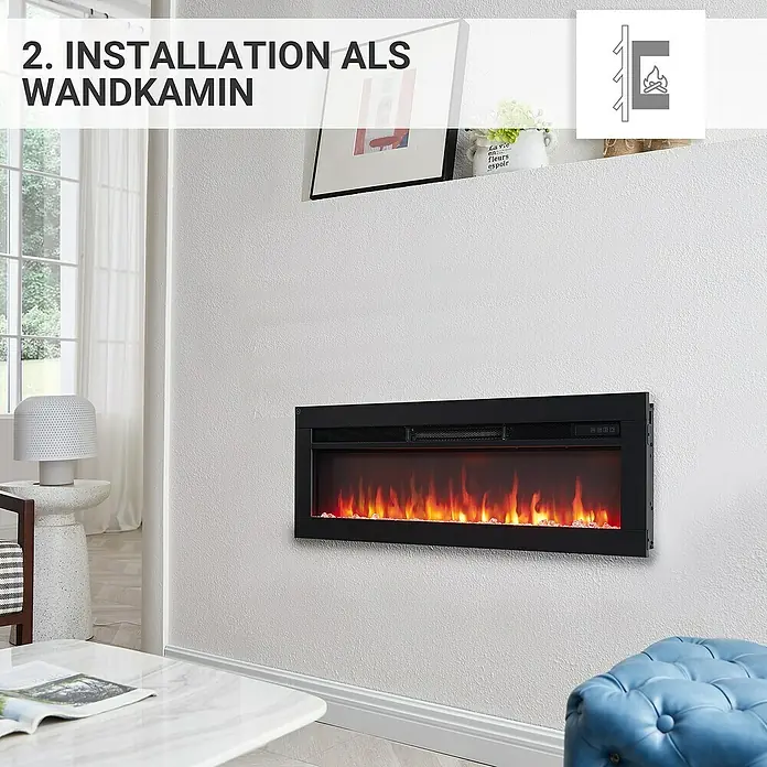 Balderia Elektrischer Kamin AG-36 3D-Flammeneffekt - Schwarz, 92 x 12 x 33 cm - Wandmontierter Elektrokamin mit realistischen Flammeneffekten und Heizfunktion für eine gemütliche Atmosphäre.
