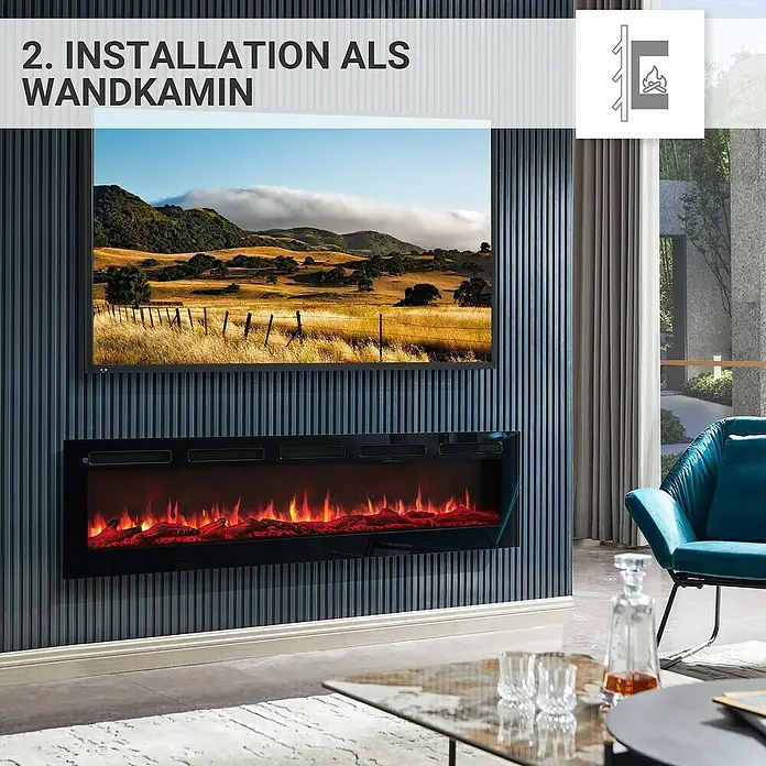 Balderia Elektrischer Kamin LE-70 3D-Flammeneffekt - Schwarz, 178 x 14 x 43 cm - Elegantes Wohnzimmer mit einem an der Wand montierten Elektrokamin unter einem stilvollen Landschaftsgemälde.