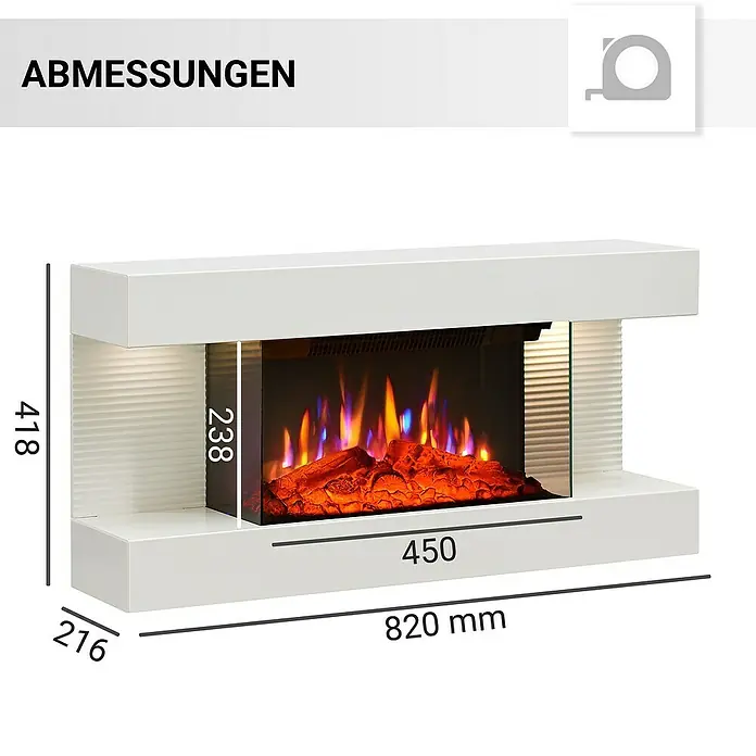 Balderia Elektrischer Kamin ID-WE 3D-Flammeneffekt - Weiß, 82 x 21,6 x 41,8 cm - Bild zeigt die Abmessungen eines modernen, weißen Elektrokamins mit lebensechtem Flammeneffekt und den Maßen 820 x 418 x 216 mm.