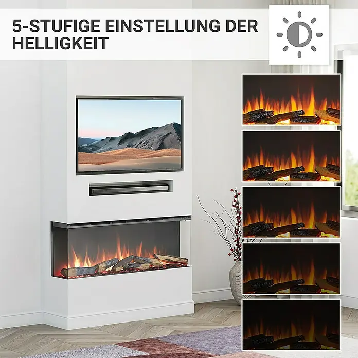 Balderia Elektrischer Kamin AH-44 3D-Flammeneffekt Wifi App - Schwarz, 112,8 x 20,6 x 49,3 cm - Das Bild zeigt einen modernen Elektrokamin mit 5-stufiger Helligkeitseinstellung, eingebaut in eine weiße Wandstruktur unter einem Flachbildfernseher.