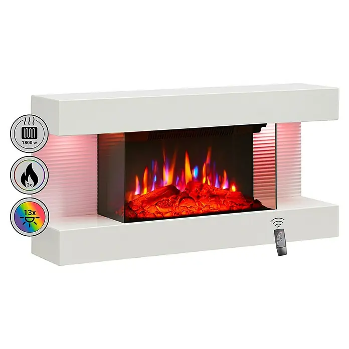 Balderia Elektrischer Kamin ID-WE 3D-Flammeneffekt - Weiß, 82 x 21,6 x 41,8 cm - Nahaufnahme eines elektrischen Kamins mit Heizfunktion, Flammenbild und Fernbedienung. Das moderne Design passt gut in jedes Wohnzimmer.