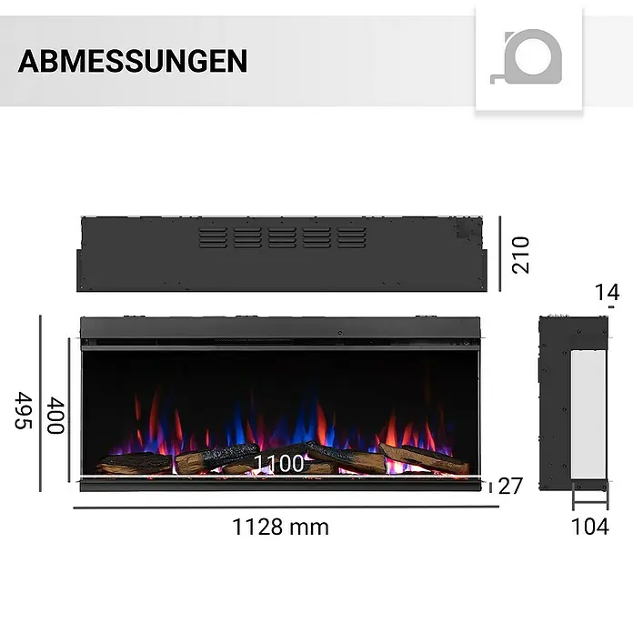 Balderia Elektrischer Kamin AH-44 3D-Flammeneffekt Wifi App - Schwarz, 112,8 x 20,6 x 49,3 cm - Abmessungen des elektrischen Kamins mit detaillierten Maßangaben zu Höhe, Breite und Tiefe.