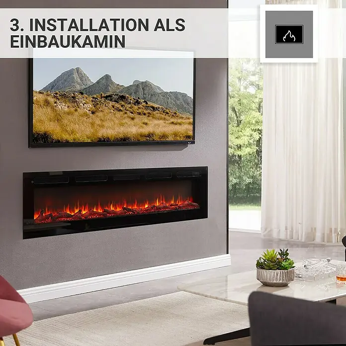 Balderia Elektrischer Kamin LE-70 3D-Flammeneffekt - Schwarz, 178 x 14 x 43 cm - Wohnzimmer mit eingebautem Elektrokamin unter einem Fernseher, der eine entspannende Atmosphäre schafft.