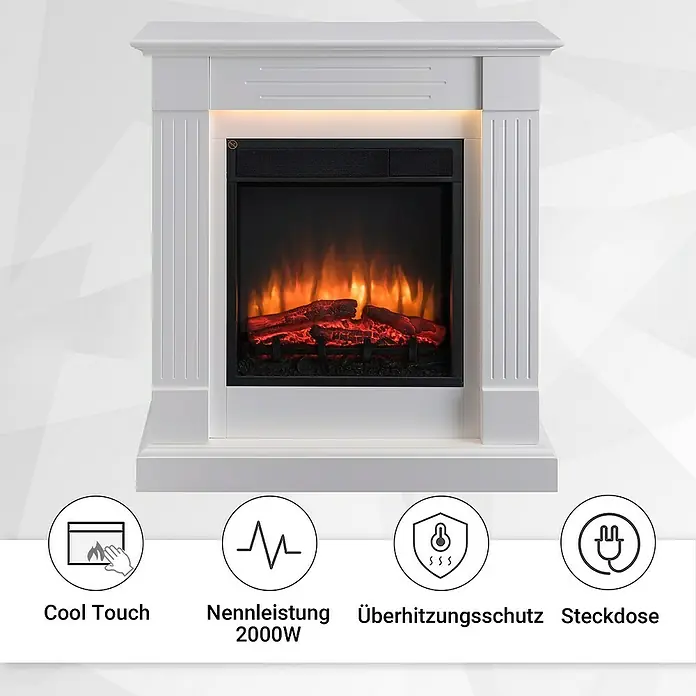 Balderia Elektrischer Kamin LA-WE 3D-Flammeneffekt - Weiß, 85 x 28 x 93 cm - Elegantes Foto eines weißen Elektrokamins mit realistischen Flammeneffekten und Sicherheitsfunktionen wie Cool-Touch-Oberfläche.