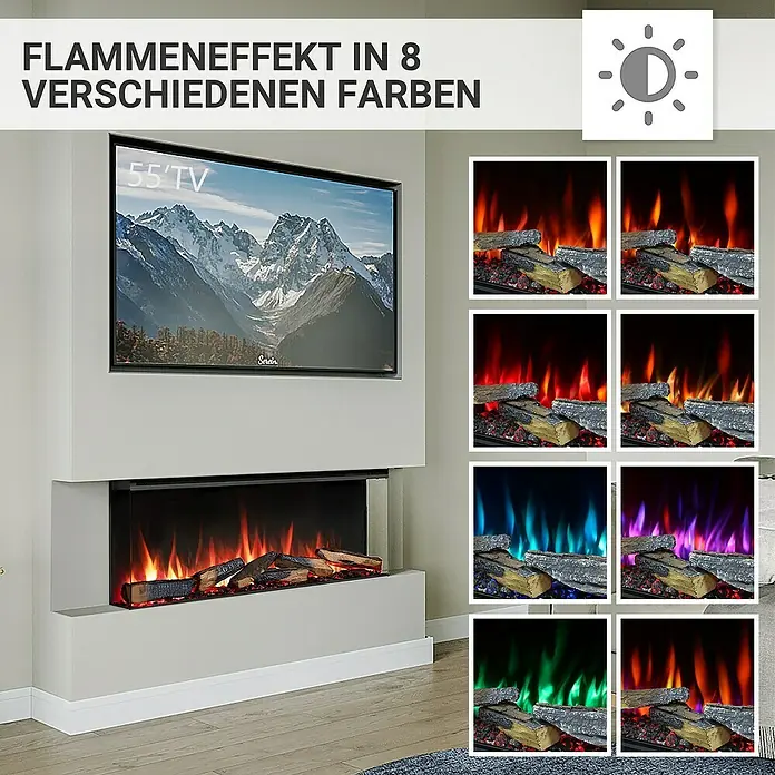 Balderia Elektrischer Kamin AH-44 3D-Flammeneffekt Wifi App - Schwarz, 112,8 x 20,6 x 49,3 cm - Flammen-Effekt Kamin mit 8 verschiedenen Farben. Modernes Design mit TV.