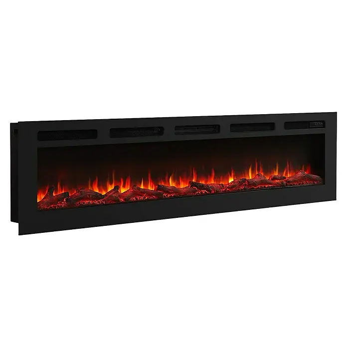 Balderia Elektrischer Kamin LE-70 3D-Flammeneffekt - Schwarz, 178 x 14 x 43 cm - Nahaufnahme eines modernen, elektrischen Kamins mit simulierten Flammen und Holzscheiten, ideal für gemütliche Wärme und Atmosphäre.