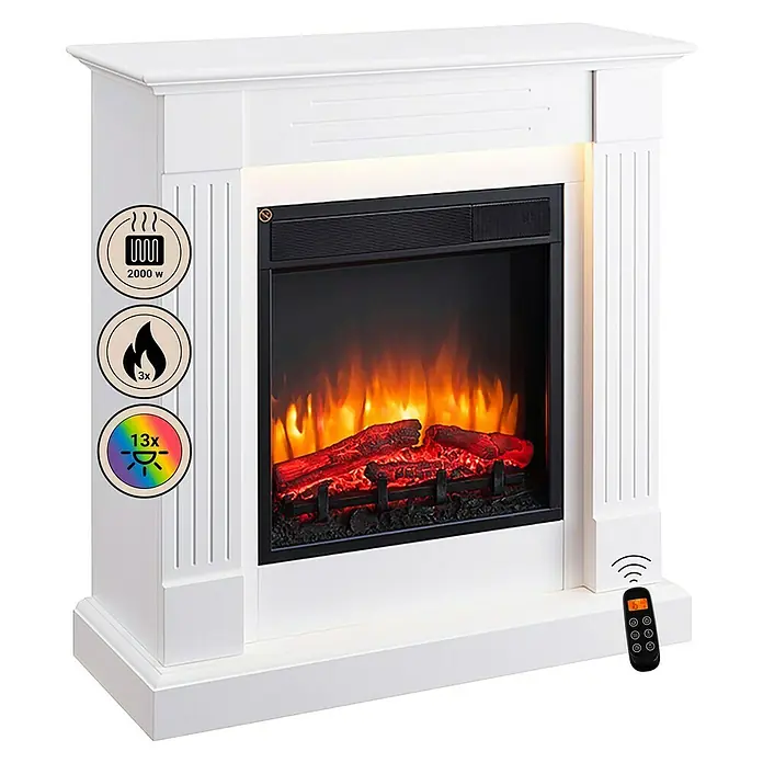 Balderia Elektrischer Kamin LA-WE 3D-Flammeneffekt - Weiß, 85 x 28 x 93 cm - Nahaufnahme eines weißen Elektrokamins mit realistischen Flammeneffekten und Fernbedienung, ideal für gemütliche Wärme.