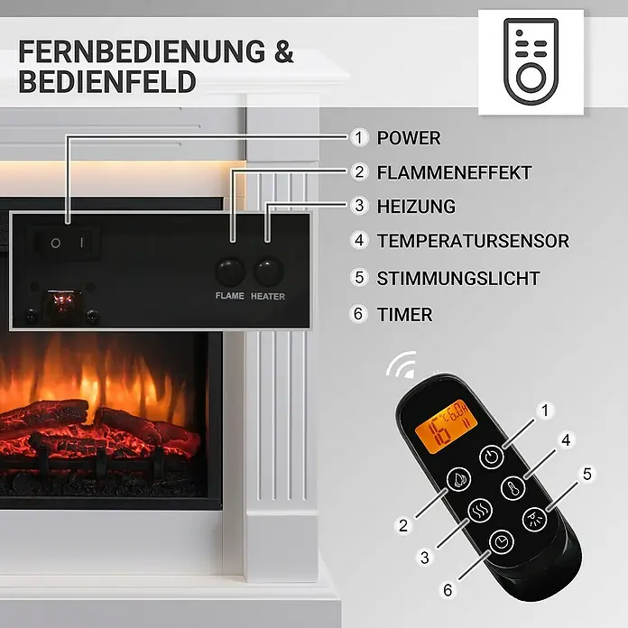 Balderia Elektrischer Kamin LA-WE 3D-Flammeneffekt - Weiß, 85 x 28 x 93 cm - Nahaufnahme eines Kamins mit Bedienelementen und einer Fernbedienung zur Steuerung der Heizfunktionen.