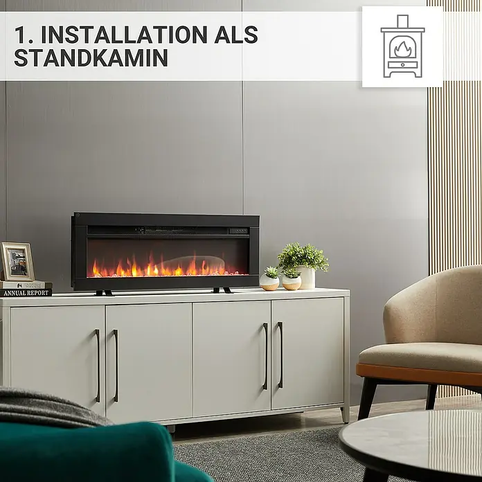Balderia Elektrischer Kamin AG-36 3D-Flammeneffekt - Schwarz, 92 x 12 x 33 cm - Ein moderner elektrischer Standkamin mit lebensechten Flammen auf einem Sideboard, ideal für eine stilvolle Atmosphäre im Wohnzimmer.