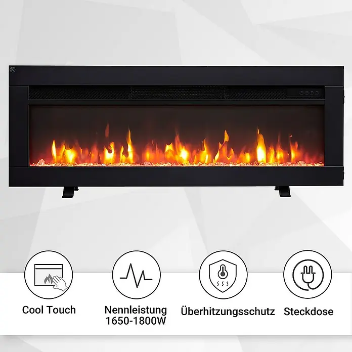 Balderia Elektrischer Kamin AG-36 3D-Flammeneffekt - Schwarz, 92 x 12 x 33 cm - Bild eines elektrischen Kaminofens mit Feuereffekt, der eine gemütliche Atmosphäre erzeugt. Die Nennleistung beträgt 1650-1800W, mit Überhitzungsschutz und Cool-Touch-Funktion.