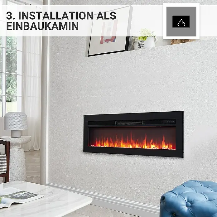 Balderia Elektrischer Kamin AG-36 3D-Flammeneffekt - Schwarz, 92 x 12 x 33 cm - Eingebauter Elektrokamin mit realistischen Flammen, der eine gemütliche Atmosphäre in jeden Raum bringt.
