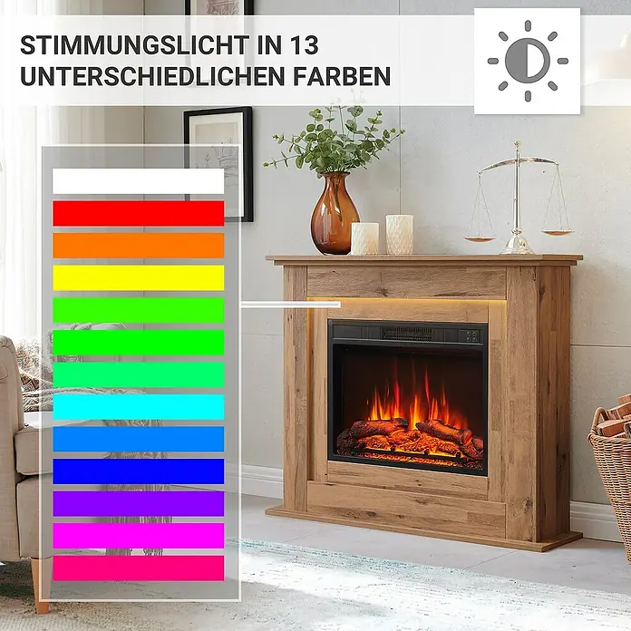 Balderia Elektrischer Kamin FI-EO 3D-Flammeneffekt - Dunkle Eiche, 100 x 25 x 82 cm - Das Bild zeigt einen Kamin mit 13 verschiedenen Stimmungslichtfarben, die eine gemütliche Atmosphäre schaffen.