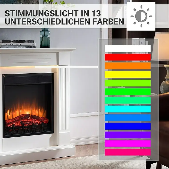Balderia Elektrischer Kamin LA-WE 3D-Flammeneffekt - Weiß, 85 x 28 x 93 cm - Das Bild zeigt einen weißen Elektrokamin mit simulierten Flammen und 13 verschiedenen Stimmungslichtfarben, die zur Auswahl stehen.