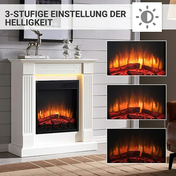 Balderia Elektrischer Kamin LA-WE 3D-Flammeneffekt - Weiß, 85 x 28 x 93 cm - Das Bild zeigt einen weißen Elektrokamin mit 3-stufiger Helligkeitseinstellung für eine gemütliche Atmosphäre.