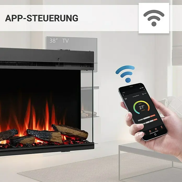 Balderia Elektrischer Kamin AH-44 3D-Flammeneffekt Wifi App - Schwarz, 112,8 x 20,6 x 49,3 cm - Intelligenter Kamin mit App-Steuerung.