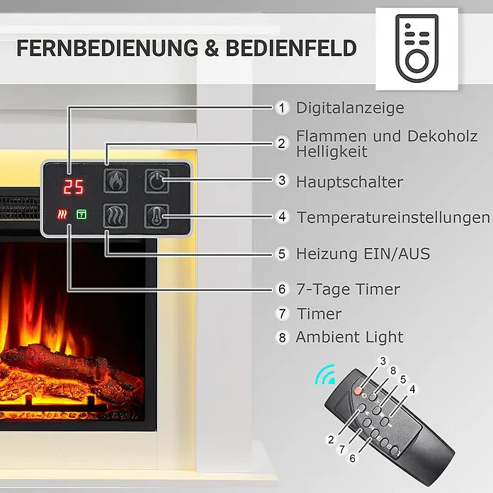 Balderia Elektrischer Kamin LI-WE 3D-Flammeneffekt - Weiß, 100 x 25 x 82 cm - Nahaufnahme eines elektrischen Kamins mit Bedienelementen und Fernbedienung zur Steuerung von Temperatur, Flammen und Timer.