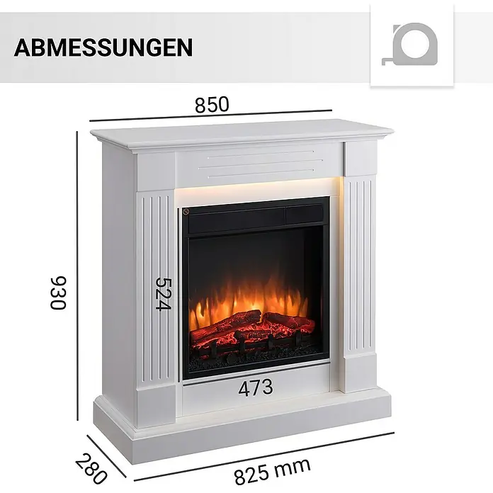 Balderia Elektrischer Kamin LA-WE 3D-Flammeneffekt - Weiß, 85 x 28 x 93 cm - Abmessungen eines weißen Elektrokamins mit einer simulierten Flamme für ein gemütliches Ambiente im Wohnraum.