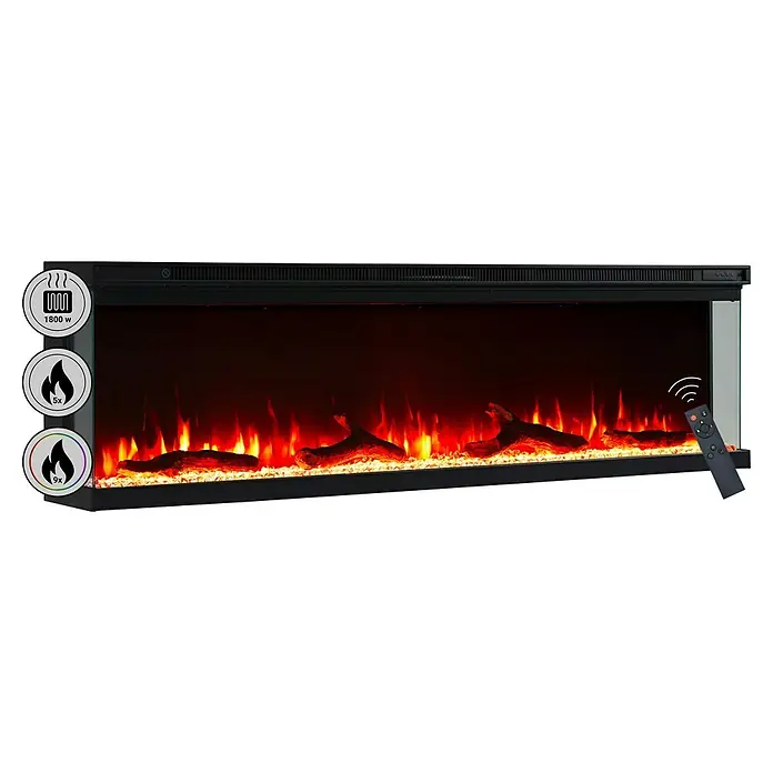 Balderia Elektrischer Kamin OR-60 3D-Flammeneffekt - Schwarz, 152,4 x 20 x 43 cm - Nahaufnahme eines elektrischen Kaminofens mit lodernden Flammen und Fernbedienung für eine gemütliche Atmosphäre im Raum.