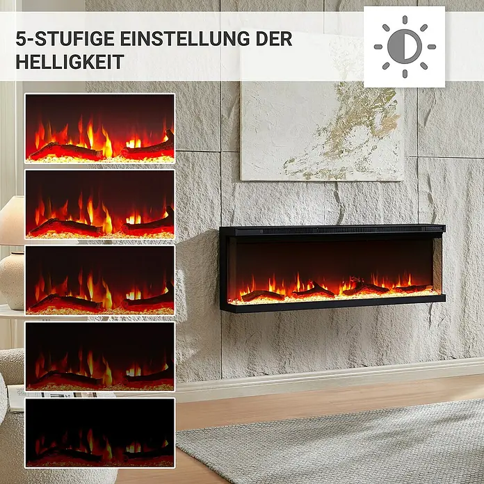 Balderia Elektrischer Kamin OR-50 3D-Flammeneffekt - Schwarz, 127 x 20 x 43 cm - 5-stufige Einstellung der Helligkeit des elektrischen Kaminfeuers.