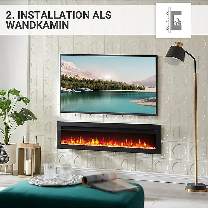 Balderia Elektrischer Kamin AG-50 3D-Flammeneffekt - Schwarz, 127 x 12 x 33 cm - Ein elegantes Wohnzimmer mit einem stilvollen Elektrokamin an der Wand unter einem modernen Flachbildfernseher.