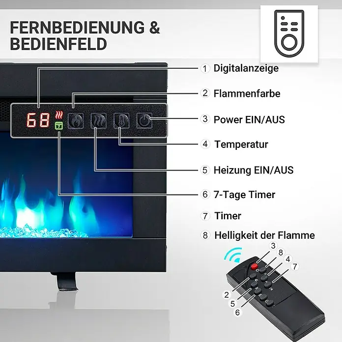 Balderia Elektrischer Kamin AG-40 3D-Flammeneffekt - Schwarz, 102 x 12 x 33 cm - Bedienfeld und Fernbedienung eines Kamins mit Digitalanzeige, Flammeneinstellung, Timer und Temperaturregelung.