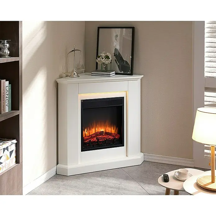 Balderia Elektrischer Kamin CA-WE 3D-Flammeneffekt - Weiß, 96,3 x 56,8 x 93,4 cm - Ein eleganter, weisser Eckkamin mit simulierten Flammen sorgt für eine gemütliche Atmosphäre im Raum.