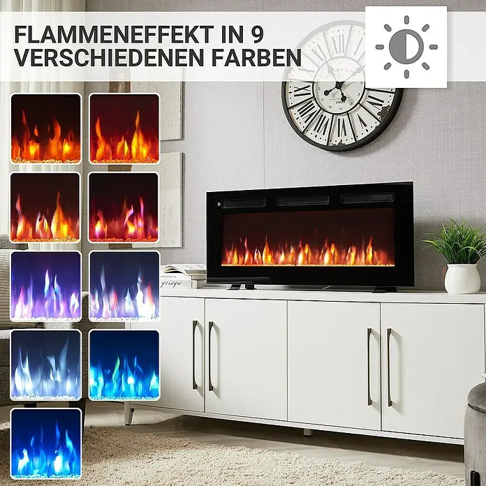 Balderia Elektrischer Kamin LE-40 3D-Flammeneffekt - Schwarz, 102 x 14 x 43 cm - Dieses Bild zeigt einen elektrischen Kamin mit 9 verschiedenen Flammenfarben und einstellbarer Helligkeit.