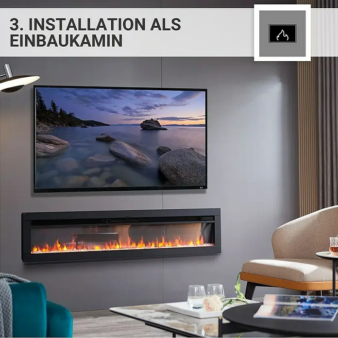 Balderia Elektrischer Kamin AG-60 3D-Flammeneffekt - Schwarz, 152,5 x 12 x 33 cm - Eingebauter Kamin unter einem Fernseher in einem modernen Wohnzimmer. Die flackernden Flammen des Kamins erzeugen eine warme Atmosphäre.