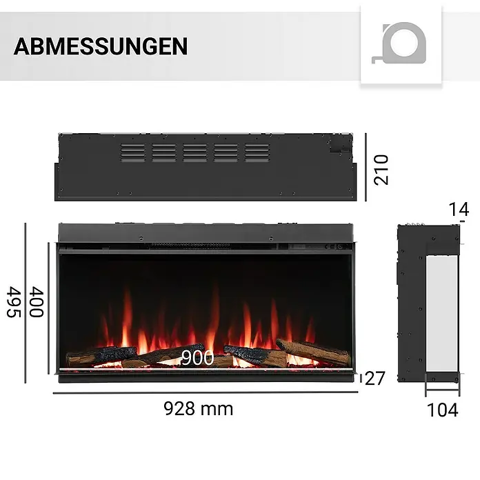 Balderia Elektrischer Kamin AH-36 3D-Flammeneffekt Wifi App - Schwarz, 92,8 x 20,6 x 49,3 cm - Produktabmessungen eines elektrischen Kamineinsatzes mit den Maßen 928 x 495 x 210 mm.