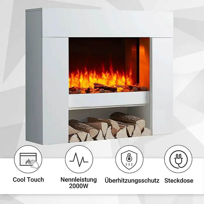 Balderia Elektrischer Kamin NA-WE 3D-Flammeneffekt - Weiß, 100 x 27,9 x 82,5 cm - Bild eines modernen, weißen Elektrokamins mit simulierten Flammen und Holzscheiten. Elegantes Design mit "Cool Touch" & Überhitzungsschutz.