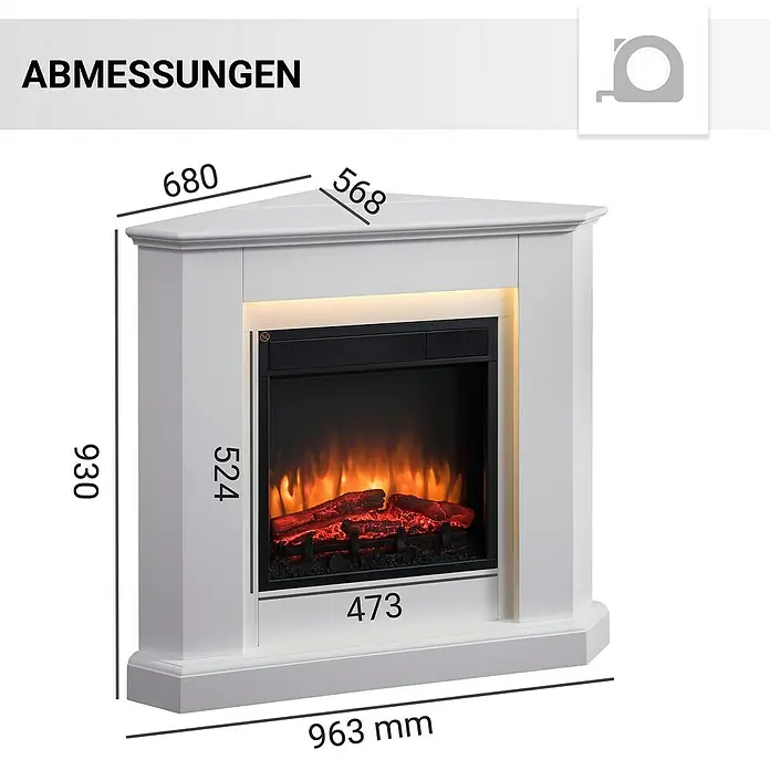 Balderia Elektrischer Kamin CA-WE 3D-Flammeneffekt - Weiß, 96,3 x 56,8 x 93,4 cm - Abmessungen des Eckkamins: 680 x 568 x 930 mm (Breite x Tiefe x Höhe). Tiefe der Feuerstelle: 473 mm, Höhe der Feuerstelle: 524 mm.