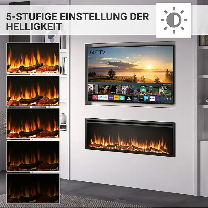 Balderia Elektrischer Kamin AT-60 3D-Flammeneffekt Wifi App - Schwarz, 152,4 x 14,6 x 48 cm - Bild zeigt einen elektrischen Kamin mit 5 Helligkeitsstufen, montiert unter einem 65-Zoll-Fernseher in einem modernen Wohnzimmer.