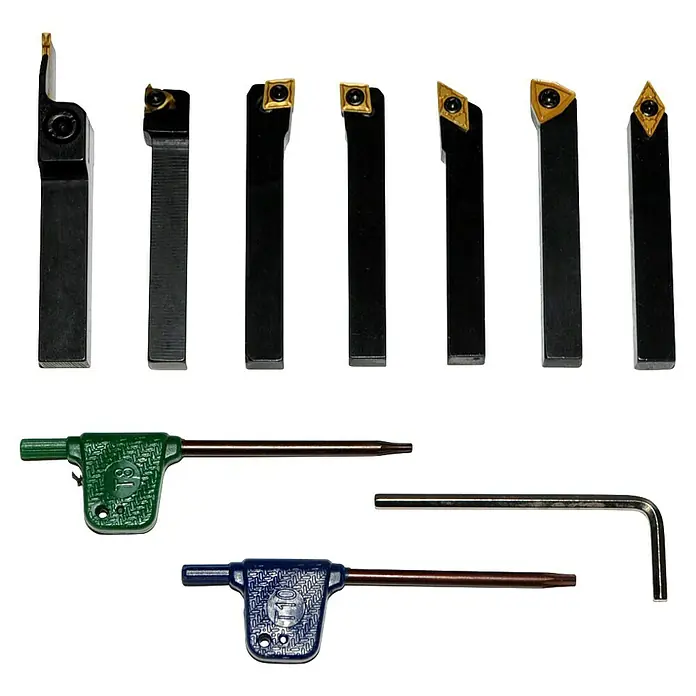 Rotwerk Drehmeißel-Set mit Hartmetallwechselplatten - 8 x 8 mm, 7 -tlg. - Werkzeugsatz mit Drehstählen und Schraubenschlüsseln, ideal für präzise Metallbearbeitung.