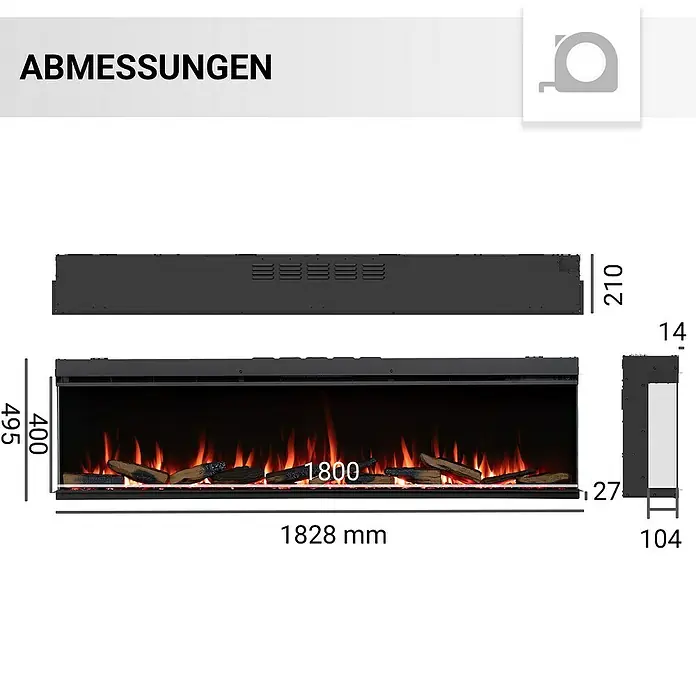Balderia Elektrischer Kamin AH-72 3D-Flammeneffekt Wifi App - Schwarz, 182,8 x 20,6 x 49,3 cm - Abmessungen des elektrischen Kamins mit den Maßen 1828 mm Breite, 495 mm Höhe und 210 mm Tiefe.