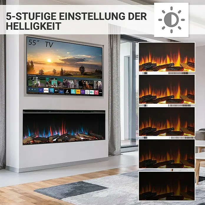 Balderia Elektrischer Kamin AH-52 3D-Flammeneffekt Wifi App - Schwarz, 132,8 x 20,6 x 49,3 cm - Bild einer elektrischen Feuerstelle mit einstellbarer Helligkeit, montiert unter einem 55-Zoll-Fernseher für ein gemütliches Wohnzimmerambiente.
