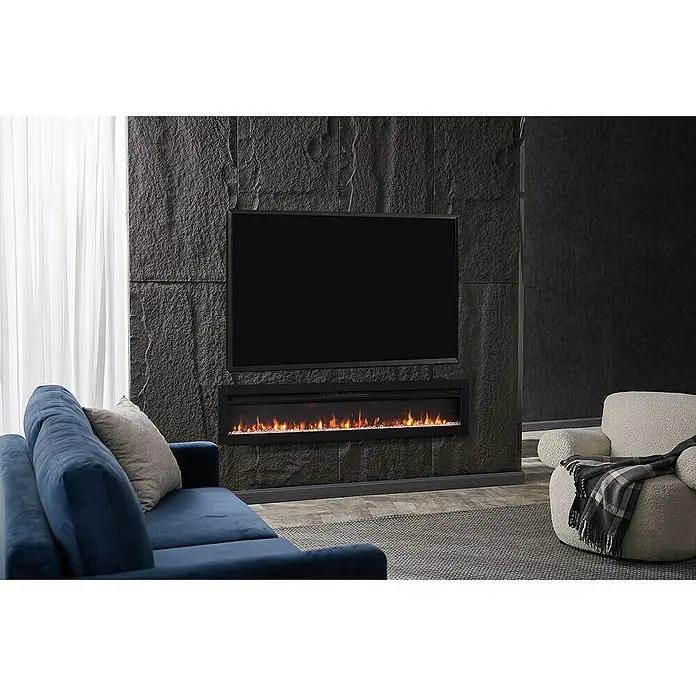 Balderia Elektrischer Kamin AG-60 3D-Flammeneffekt - Schwarz, 152,5 x 12 x 33 cm - Ein elegantes Wohnzimmer mit einem modernen Fernseher über einem schlanken elektrischen Kamin, der Wärme und Stil vereint.