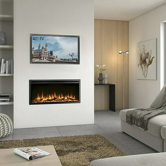 Balderia Elektrischer Kamin AT-40 3D-Flammeneffekt Wifi App - Schwarz, 101,6 x 14,6 x 48 cm - Elektrischer Kamin unter einem 42-Zoll-Fernseher in einem modernen Wohnzimmer mit minimalistischem Design für gemütliche Abende.