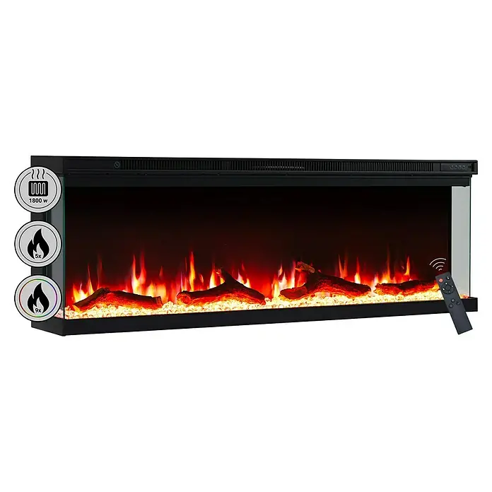 Balderia Elektrischer Kamin OR-50 3D-Flammeneffekt - Schwarz, 127 x 20 x 43 cm - Abgebildet ist ein elektrischer Kamin mit simulierten Flammen, der eine gemütliche Atmosphäre ohne echtes Feuer erzeugt. Ideal für behagliche Stunden.