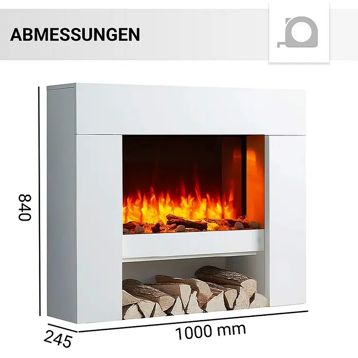 Balderia Elektrischer Kamin NA-WE 3D-Flammeneffekt - Weiß, 100 x 27,9 x 82,5 cm - Abmessungen des weißen Elektrokamins mit Holzscheiten, 840 x 1000 x 245 mm. Der Kamin sorgt für eine gemütliche Atmosphäre.