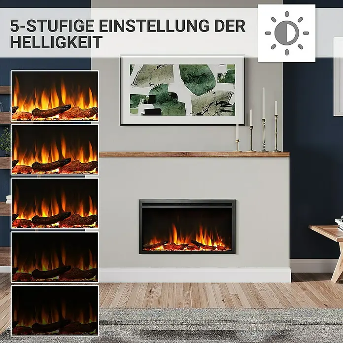 Balderia Elektrischer Kamin AT-33 3D-Flammeneffekt Wifi App - Schwarz, 84 x 14,6 x 48 cm - Bild einer elektrischen Feuerstelle mit 5-stufiger Helligkeitseinstellung für eine stimmungsvolle Atmosphäre.