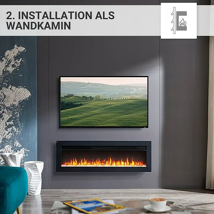 Balderia Elektrischer Kamin AG-40 3D-Flammeneffekt - Schwarz, 102 x 12 x 33 cm - Ein modernes Wohnzimmer mit einem stilvollen Wandkamin unter einem Flachbildfernseher, der ein gemütliches Ambiente schafft.