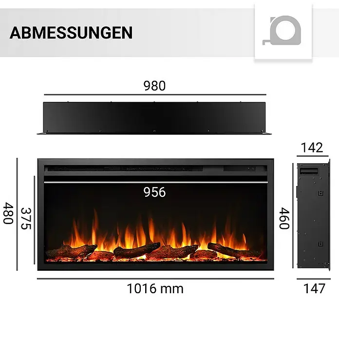 Balderia Elektrischer Kamin AT-40 3D-Flammeneffekt Wifi App - Schwarz, 101,6 x 14,6 x 48 cm - Abmessungen eines elektrischen Kamins mit Angabe der Maße in Millimetern.