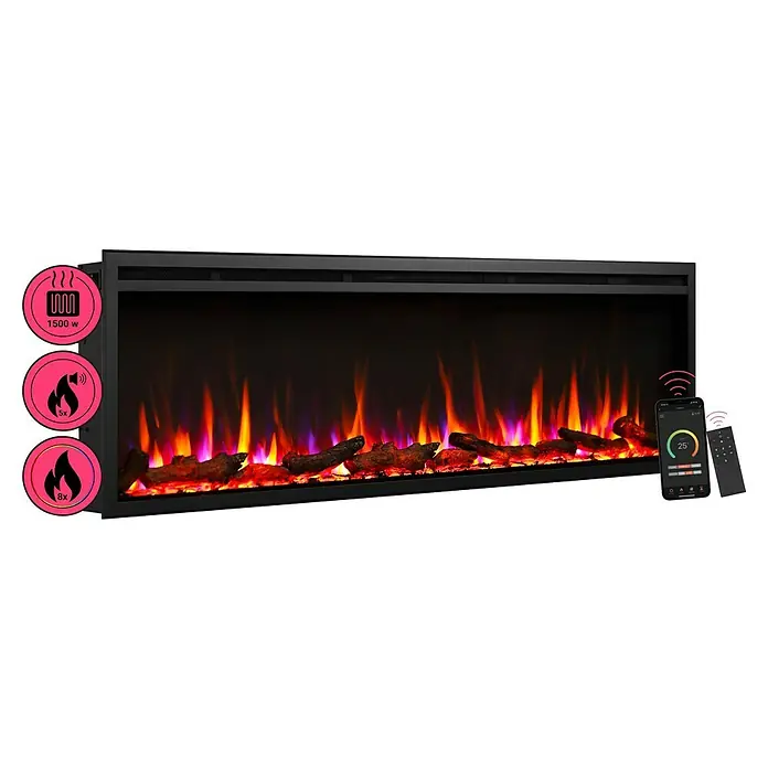 Balderia Elektrischer Kamin AT-60 3D-Flammeneffekt Wifi App - Schwarz, 152,4 x 14,6 x 48 cm - Nahaufnahme eines elektrischen Kamineinsatzes mit simulierten Flammen und Holzscheiten, gesteuert per Smartphone-App.