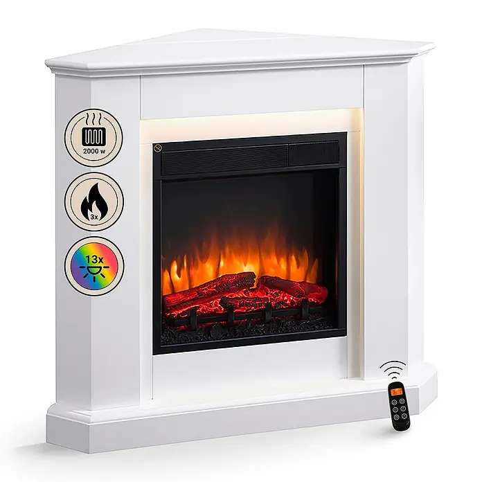 Balderia Elektrischer Kamin CA-WE 3D-Flammeneffekt - Weiß, 96,3 x 56,8 x 93,4 cm - Weißer Eckkamin mit realistischen Flammeneffekten und Fernbedienung für gemütliche Wärme und Atmosphäre im Raum.
