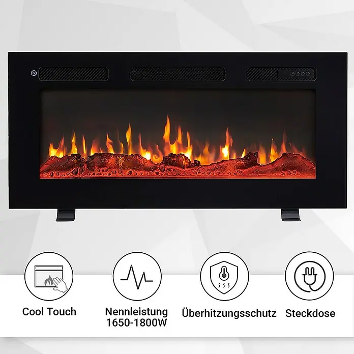 Balderia Elektrischer Kamin LE-36 3D-Flammeneffekt - Schwarz, 92 x 14 x 43 cm - Nahaufnahme eines schwarzen elektrischen Kamins mit simulierten Flammen.