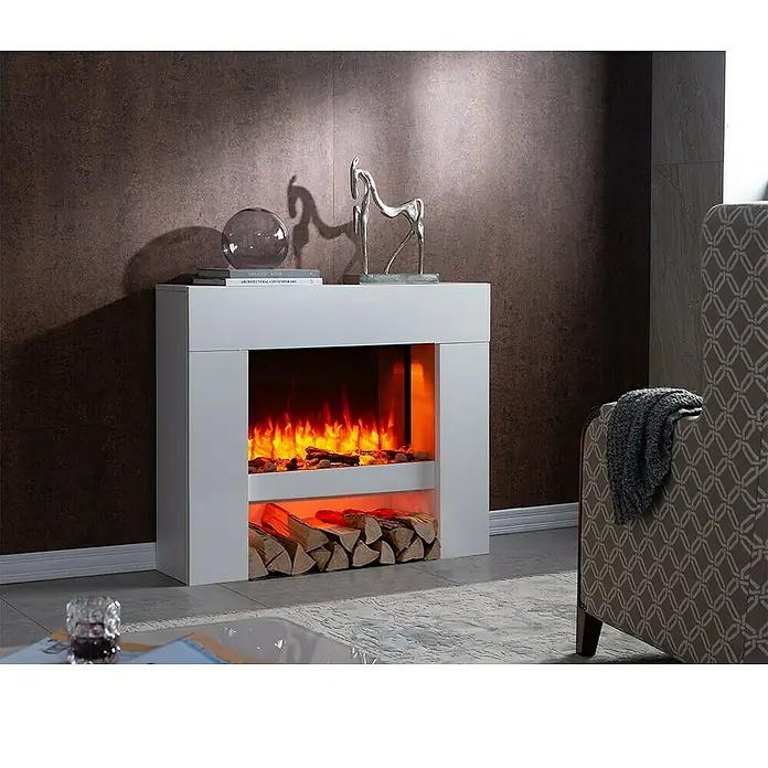 Balderia Elektrischer Kamin NA-WE 3D-Flammeneffekt - Weiß, 100 x 27,9 x 82,5 cm - Moderner Elektrokamin mit weißem Gehäuse und simulierten Flammen. Dekorative Holzscheite im unteren Bereich sorgen für zusätzliche Wärme und Atmosphäre.