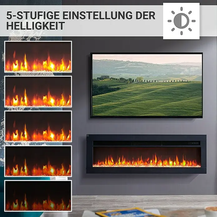 Balderia Elektrischer Kamin AG-40 3D-Flammeneffekt - Schwarz, 102 x 12 x 33 cm - Bildschirmfoto des elektrischen Kamins mit 5 Helligkeitsstufen zur Einstellung des Flammeneffekts.