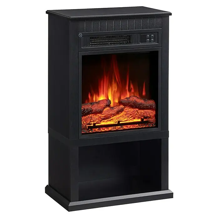 Balderia Elektrischer Kamin EM-BK 3D-Flammeneffekt - Schwarz, 79,8 x 28 x 47 cm - Ein detailreiches Bild eines elektrischen Kamins mit lebensechten Flammen und Holzscheitimitation für eine gemütliche Atmosphäre.