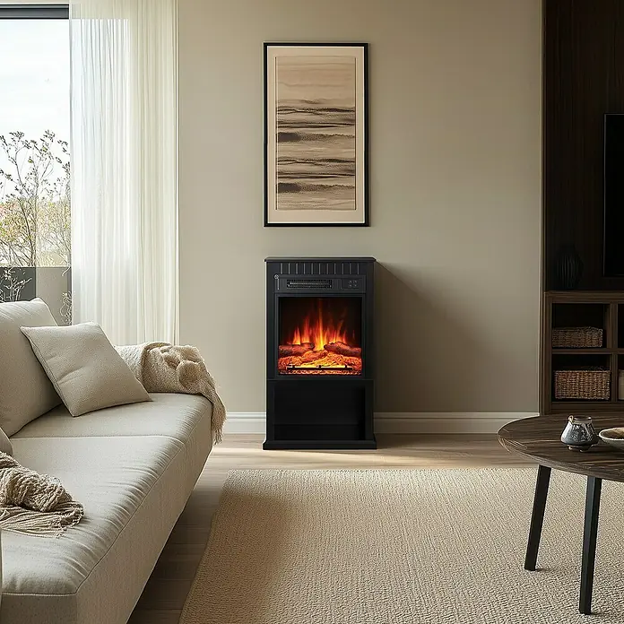 Balderia Elektrischer Kamin EM-BK 3D-Flammeneffekt - Schwarz, 79,8 x 28 x 47 cm - Ein gemütliches Wohnzimmer mit einem elektrischen Kamin, der Wärme und Atmosphäre verbreitet. Der schwarze Kamin ist ein echter Hingucker.