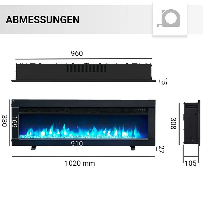 Balderia Elektrischer Kamin AG-40 3D-Flammeneffekt - Schwarz, 102 x 12 x 33 cm - Abmessungen eines elektrischen Kamins mit den Maßen 1020 mm Länge, 330 mm Höhe und 105 mm Tiefe.